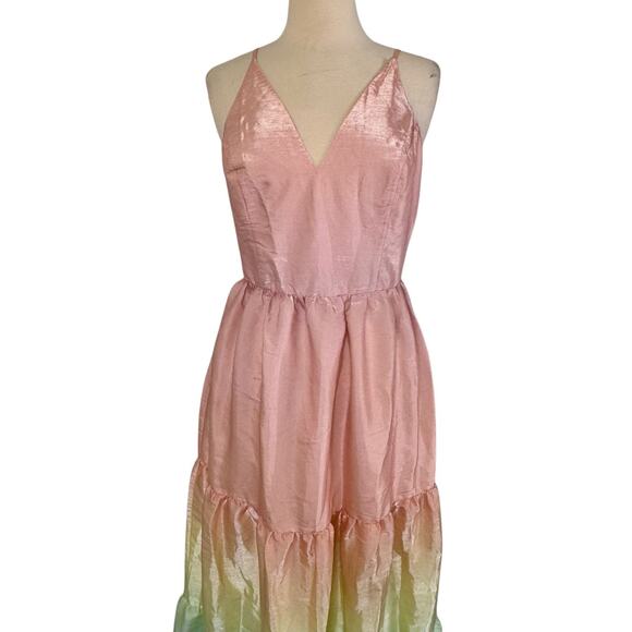 YUMI KIM Sullivan Tiered Maxi Dress Rainbow Ombré Dreamy Shiny Satin Sz M NEW - Picture 4 of 11